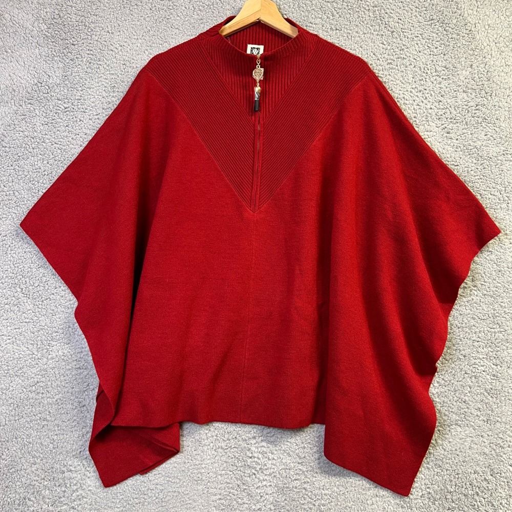 NWOT Anne Klein Poncho Sweater Women L Red Knit Mock Neck Cape Shrug Gold Zipper